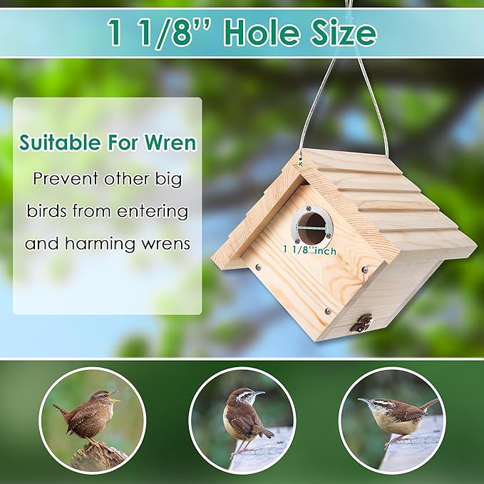 Dreyoo 2 Pack Wren House, 1-1/8'' Entrance Hole Hanging Wooden Wren Bird Houses for Outside with Metal Guard, Air Vents, Pine Wood for Chickadees (Wood Color)