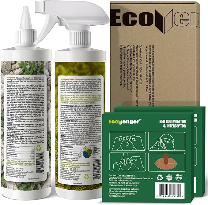 EcoVenger Bed Bug Defense-in-A-Box, Bed Bug Killer 16oz+ DEssential Dust+ Monitor Trap, Comprehensive Bed Bug Eradication Total Protection/Elimination/Residual on All Bug Life Stages, Child&Pet Safe