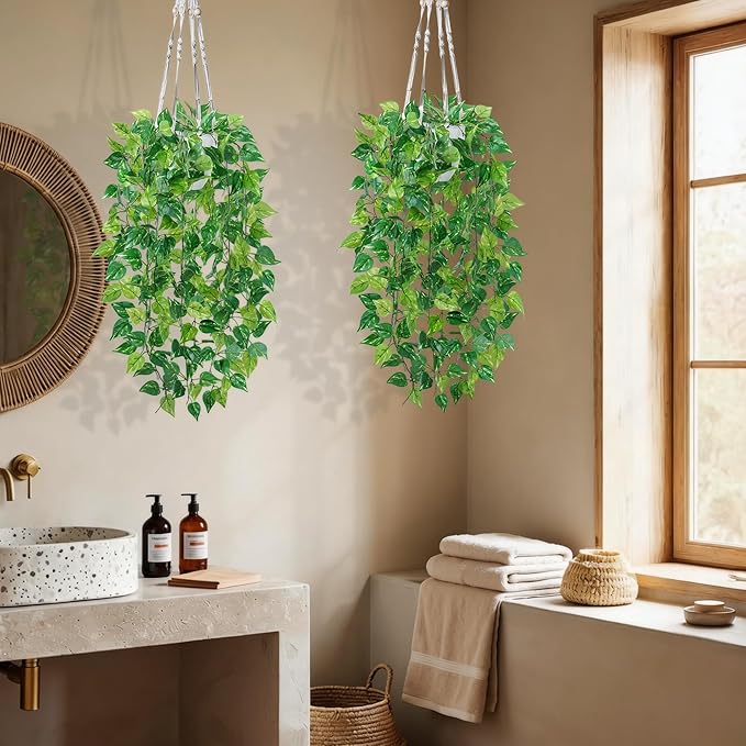 DREAMLOOM Fake Hanging Plants with Pot, Artificial Pothos Hanging Plants with Macrame Hanger for Indoor Decor, Fake Hanging Vines Faux Greenery for Home Kitchen Office