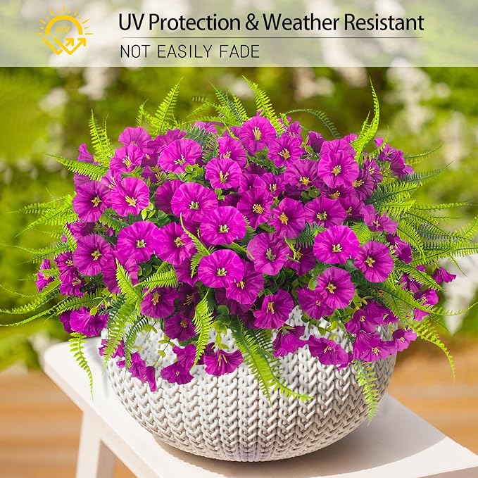Artificial Flowers for Outdoors 12 Bundles Artificial Petunias Fake Flowers UV Resistant Shrubs Plants with Fern for Indoor Outside Hanging Planters Home Garden Spring Decorations (Magenta)