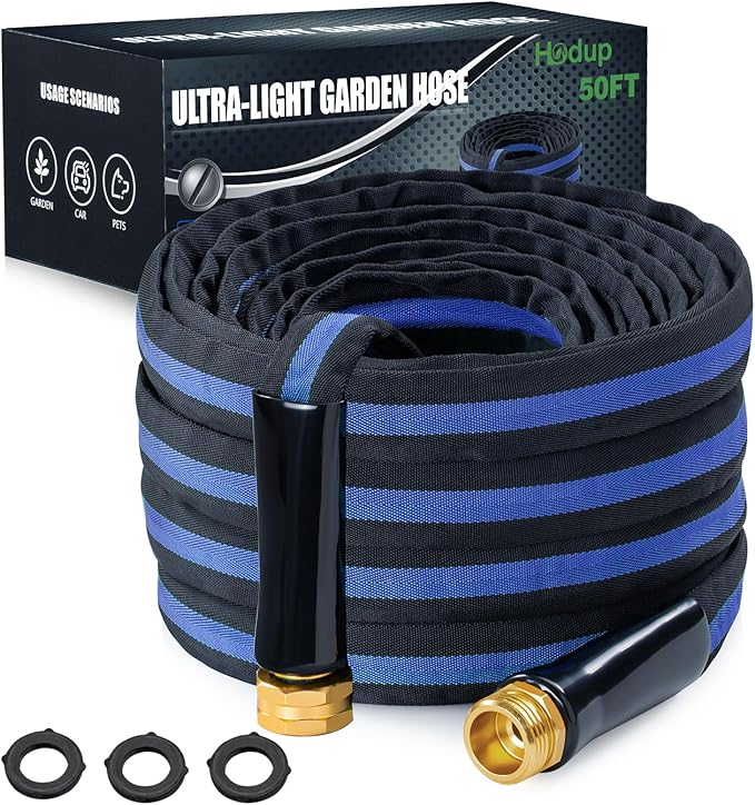 Ultra Lightweight 50FT Garden Hose - Heavy-Duty Kink-Free Flexible Hose, Non-Expanding Design with Aluminum Brass Fittings, Crush-Proof for Yard/Lawn/Outdoor Use(black-blue, 50 FT)