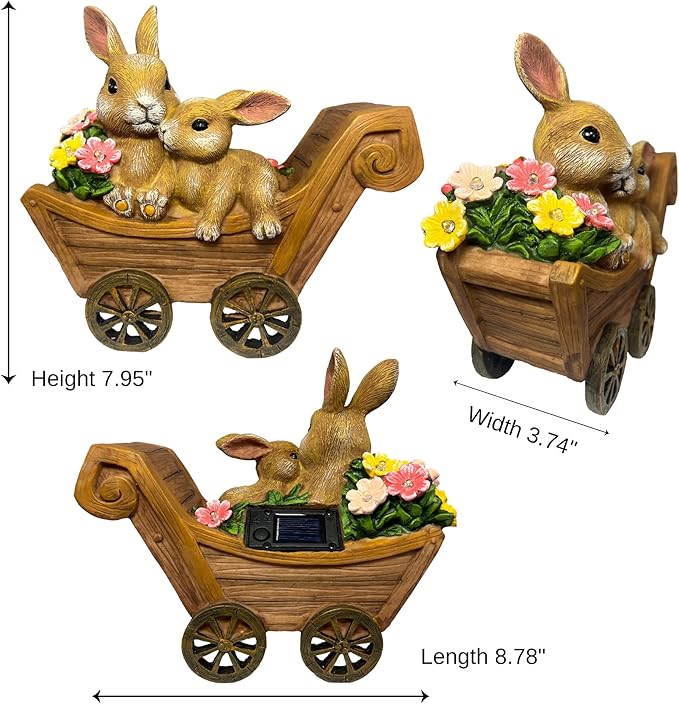 PRETMANNS Solar Garden Outdoor Statue Bunny Decor with Lights - Rabbit Lawn Ornament for Outside Yard Patio - Animal Figurines Gift for Mom Grandma - Waterproof Resin Garden Statues Outdoor – Large