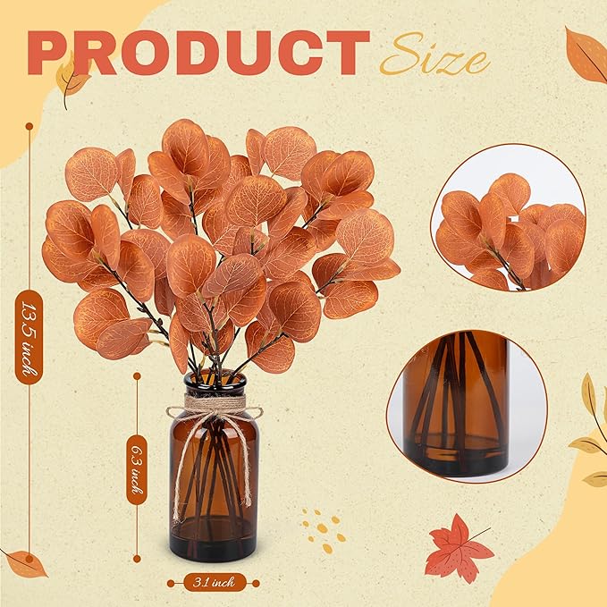 Der Rose 13.5" Fake Plants for Fall Bathroom Decor Autumn Artificial Eucalyptus Stems in Amber Glass Vase with Faux Water for Office Desk Accessories Home Table Fall Centerpiece Decor（Orange）