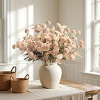 Alupssuc 16PCS Faux Silk Pompon Mums Artificial Flowers with Eucalyptus, Fake Chrysanthemum Floral for DIY Vase Arrangement, Long Stem Dining Table Centerpiece Home Decor, Beige