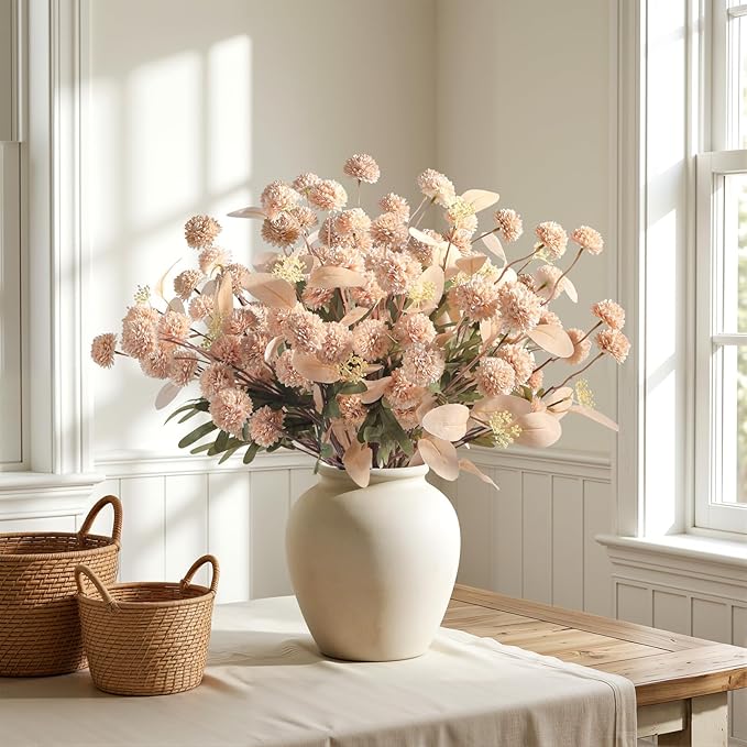 Alupssuc 16PCS Faux Silk Pompon Mums Artificial Flowers with Eucalyptus, Fake Chrysanthemum Floral for DIY Vase Arrangement, Long Stem Dining Table Centerpiece Home Decor, Beige