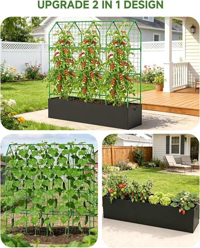 Cucumber Trellis with Grow Bag for Raised Bed, A-Shape Garden Trellis for Climbing Plants Outdoor, Metal Plant Trellis with Garden Netting for Flower Vegetables, Pea, Grape (67x17.7‌x65‌in)