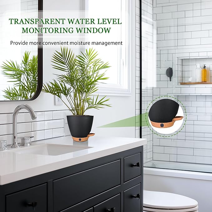 6 Inch Self Watering Pots for Indoor Plants(5-Pack) – Small Plastic Planters with Water Level Window, Drainage Holes & Detachable Trays, Indoor Outdoor Flower Pots for Herbs, Snake,Pothos(Black)