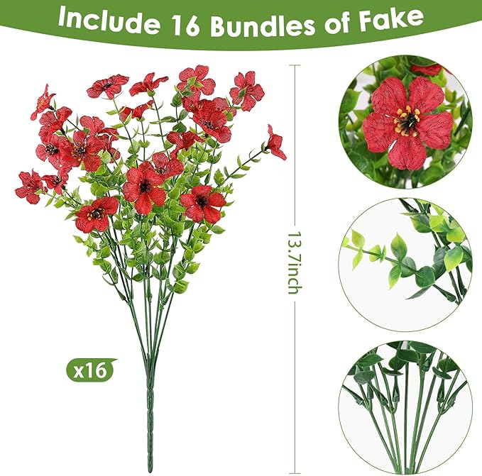 16PCS Artificial Flowers for Outdoors, Realistic Fake Silk Flowers for Outside, No Fade Faux Eucalyptus Plants for Outdoor Planter, Window Box, Hanging Basket - Porch Patio Garden Decor