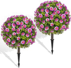 Faux Outdoor Plants - 18" Wide Set of 2 Artificial Boxwood Plants Outdoor, UV Resistant Artificial Topairy Ball Trees with Spike for Outdoor Decor