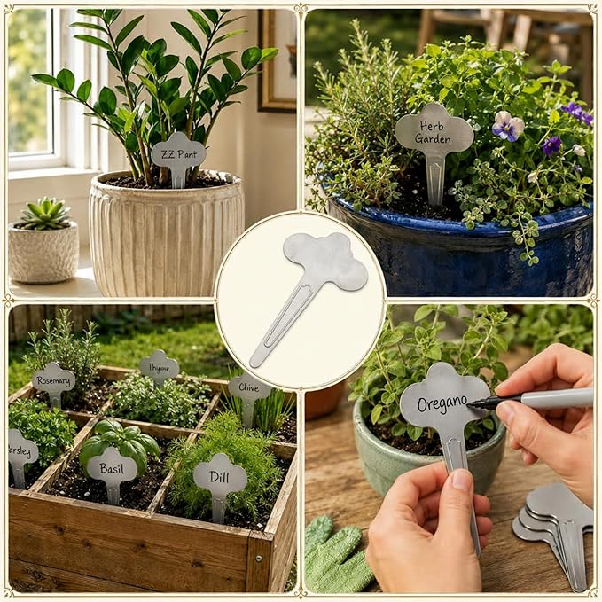 60 Pack Metal Plant Labels 6-1/2" x 3-1/2" Stainless Steel Outdoor Reusable Plant Name Tags Waterproof Garden Seed Labels Makers for Flowers Vegetable Pots Seedlings Herbs