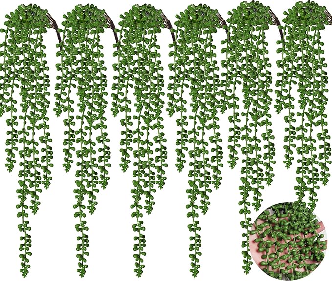 RECUTMS 6pcs Artificial Hanging Succulents Fake String of Pearls Plant Faux Greenery Wall Plants for Spring Summer Indoor Outdoor Home Bedroom Patio Garden Wedding Graduation Party Decor