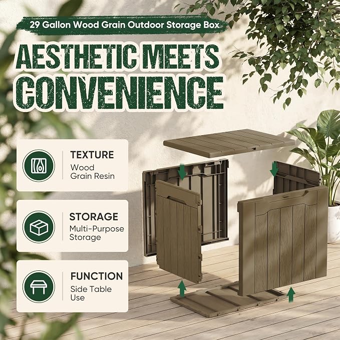 Devoko 29 Gallon Waterproof Outdoor Storage Box Resin Deck Box Lockable and UV Resistant for Patio Furniture, Garden Tools (Light Brown, 29 Gallon)