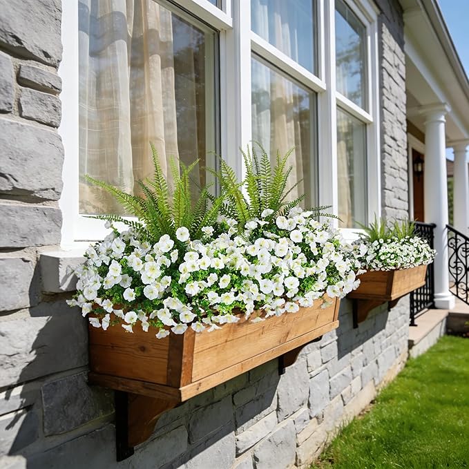 Hrobek Artificial Flowers for Outdoors Faux Plants Outside Indoor,UV Resistant Silk Fake Morning Glory Tall Ferns for Home Patio Garden Back Yard Front Porch Decor Spring Summer(13 Bunches,White)