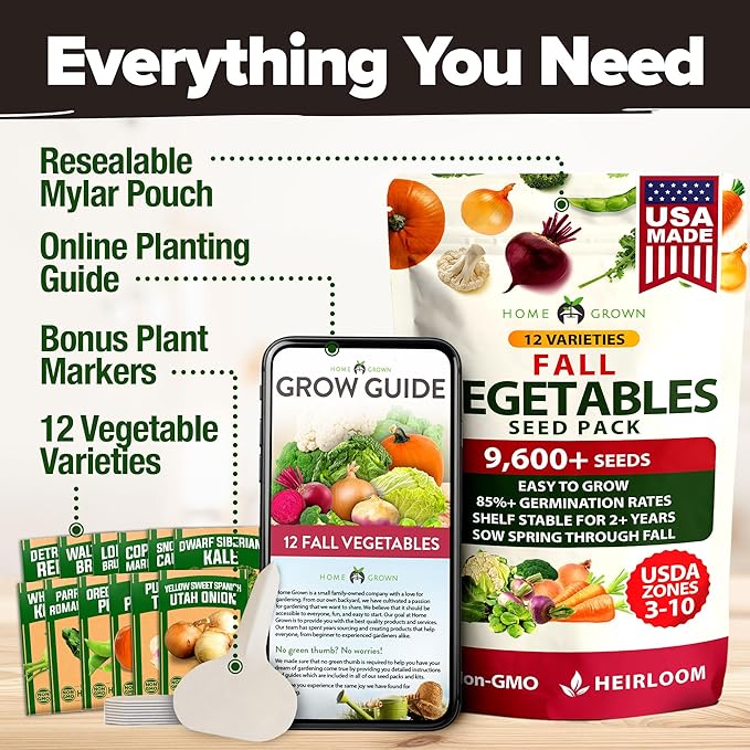 HOME GROWN 12 Fall Vegetable Seeds 9600+ Heirloom Non-GMO, High Germination, Cold Hardy Frost Tolerant Cool Season Garden, Beets, Kale, Cabbage, Peas, Broccoli, Lettuce, Onions (12 Varieties)