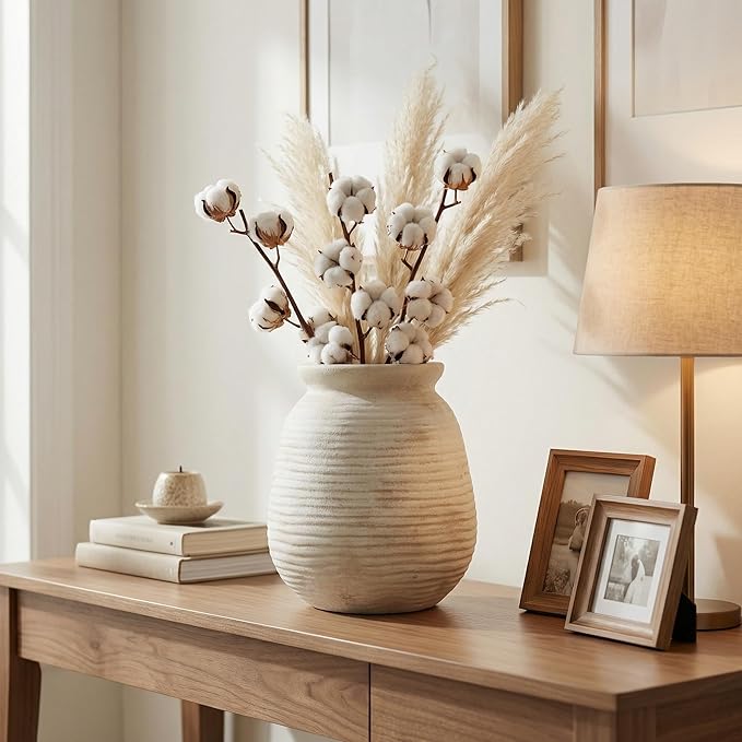 Rustic Terracotta Pot, 7 Inch Short Farmhouse Vase with Weathered Texture Off-White, Boho Home Decor for Pampas Grass, Tabletop, Mantel and Shelf Styling