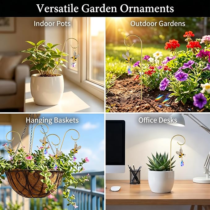 HDCRYSTALGIFTS 4pcs Bumble Bee Crystal Suncatchers with Small Trellis for Potted Plants Indoor Plant Trellis Accessories Sun Catchers, Houseplant,Bouquet Garden Home Decor