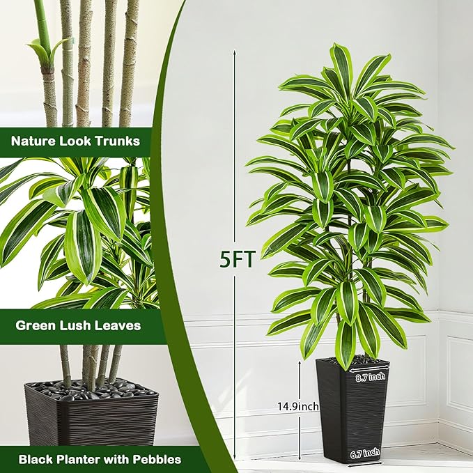 Artificial Yellow Dracaena Tree - 5FT Tall Fake Plants with Black Planter - Artificial Plants Indoor Floor Plant in Pot - Large Tropical Fake Yucca Potted Tree for Home Office Living Room Decor