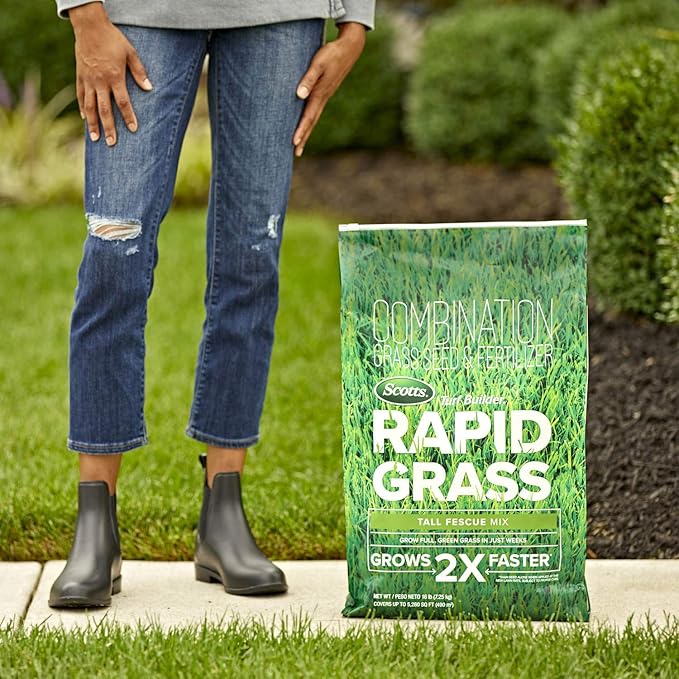 Scotts Turf Builder Rapid Grass Tall Fescue Mix - Combination Grass Seed and Fertilizer for Lawns, Lawn Seed That Grows in Just Weeks, 16 lbs.