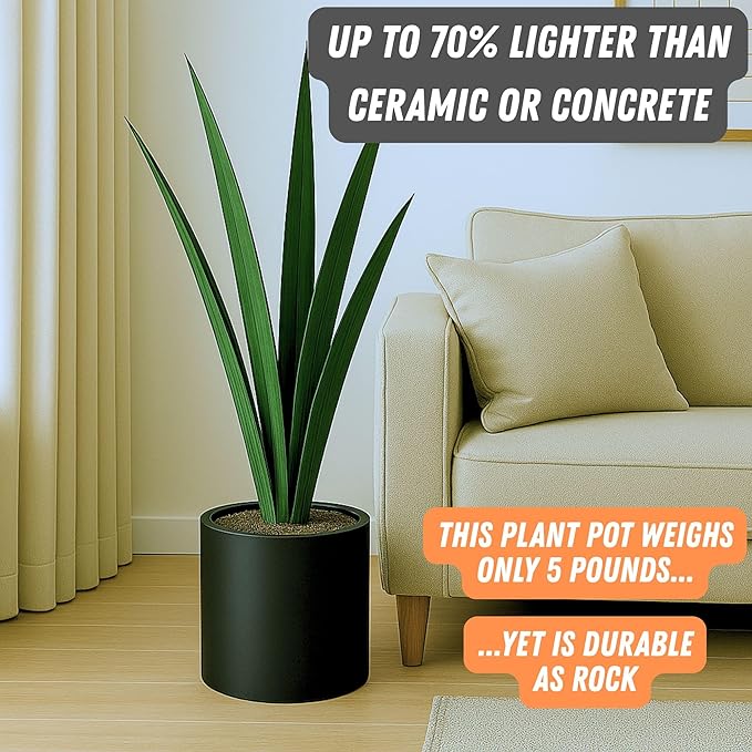 Fox & Fern 10 Inch Black Plant Pot with Drainage Plug — Premium Lightweight Fiberstone Matte Black Planter, 10 Inch Pots for Plants, for Indoor & Outdoor Use, Weather Resistant & UV Resistant