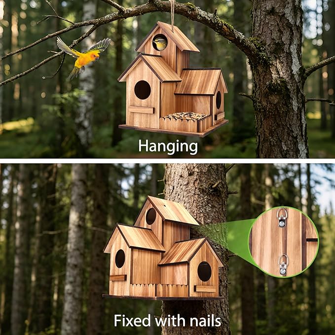 Bird Houses for Outside, 3-Hole Large Wooden Birdhouse for Bluebirds Finches Cardinal Hummingbird, Bird House for Outdoors Hanging Bird House Clearance Garden Courtyard Decor