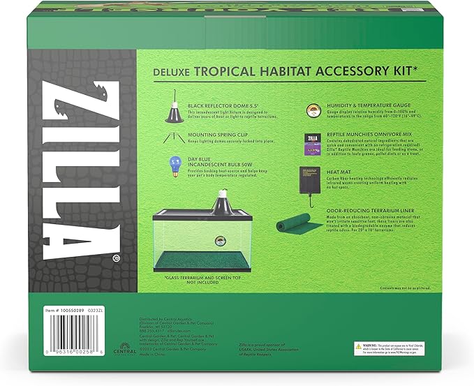 Zilla Tropical Habitat Accessory Kit, Starter Kit for Reptiles, Easy Start for Tropical-Dwelling Reptiles, Includes Lighting, Heating, Bedding and Food, Ideal for Size 10G Terrariums