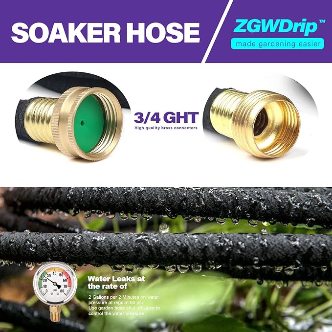100FT 1/2" Water-Saving Soaker Hose with Solid Brass Connectors, Drip Irrigation Kit for Lawn & Landscaping with Metal Ground Stake & Accessory Kit