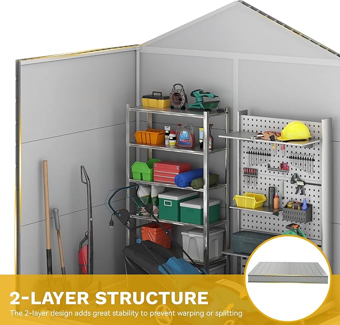 DWVO 6x4.4 FT Outdoor Storage Shed, Plastic Garden Tool Shed with 2 Windows, Double-Wall Outside Shed for Lawn Mower, Garden Shed for Backyard Patio, Lockable, Greige&Gray