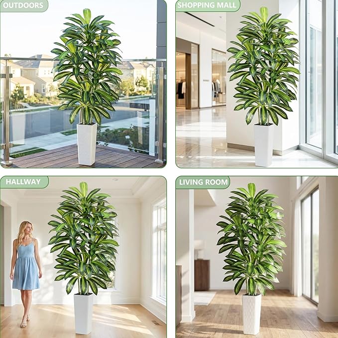 Artificial Dracaena Tree - 7FT Tall Fake Plants with White Tall Planter - Artificial Plants Indoor Floor Plant in Pot - Large Tropical Fake Yucca Potted Tree for Home Office Living Room Decor