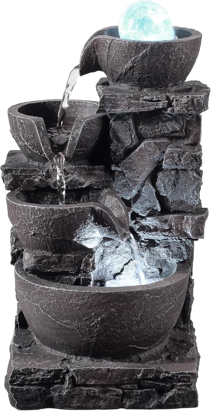 Indoor Tabletop Fountain with 4-Tier Stone Bowls, Rolling Crystal Ball & LED Lights – Tranquil Waterfall Decor for Home, Office or Zen Space (23066)
