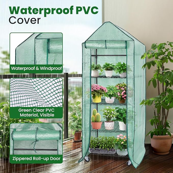 DazSpirit 4-Tier Indoor Mini Greenhouse with Grow Lights, 32W Full Spectrum Plant Light with Timer, Adjustable Metal Shelves, 69.6"x22"x18.5" Portable Plant Stand for Seed Starting & Indoor Plants