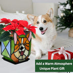 Corgi Planter - Cute Stained Glass Dog Flower Pots, Plant Pot with Drainage, Succulent Planters, Corgi Gifts, Christmas Decorations