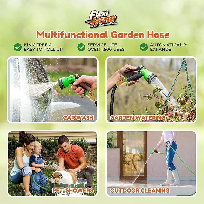 Flexi Hose with 8 Function Nozzle, 100FT - Lightweight Expandable Garden Hose, No-Kink Flexibility, 3/4 Inch Solid Brass Fittings and Double Latex Core - Green