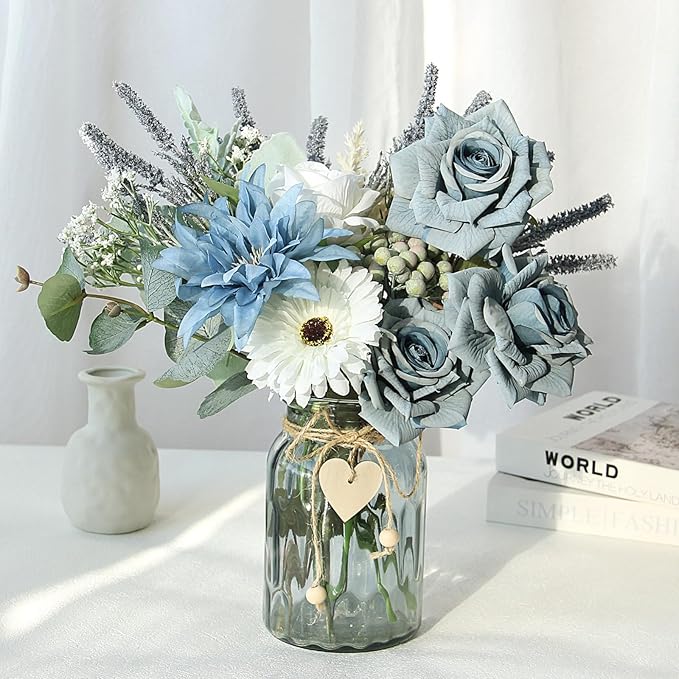 Artificial Flowers in Vase, Faux Flowers with Vase, Dusty Blue Rose Faux Dahlia Fake Peony Silk Hydrangea Eucalyptus Willow Plants Wildflowers Arrangements for Table Centerpiece Farmhouse Decor