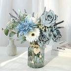Artificial Flowers in Vase, Faux Flowers with Vase, Dusty Blue Rose Faux Dahlia Fake Peony Silk Hydrangea Eucalyptus Willow Plants Wildflowers Arrangements for Table Centerpiece Farmhouse Decor