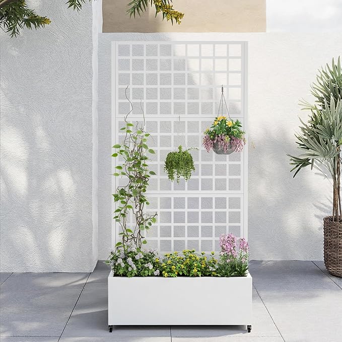 Metal Planter Box with Trellis,72"x35"x15",Galvanized Raised Garden Bed Trellis Outdoor Planter with Privacy Screen & Wheels and Drainage Holes,for Patio Climbing Vegetables,Flowers,Vines,White