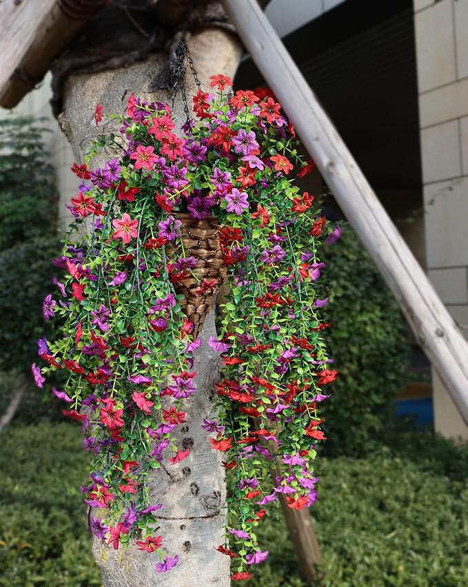 Artificial Hanging Flowers for Outdoors, 4 Pack Fake Hanging Plant for Spring Summer Decor, UV Resistant Faux Silk Flower for Planter Porch Patio Balcony Yard Decoration ( Light Purple & Rose Red)
