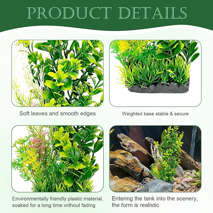 Aquarium Plants (2-Pack) Artificial Plastic Fish Fish Habitat Decor, Small to Moderate Size Aquarium Decorations, Safe Green Plants for Freshwater Tanks (Light Green & Gold Mix)
