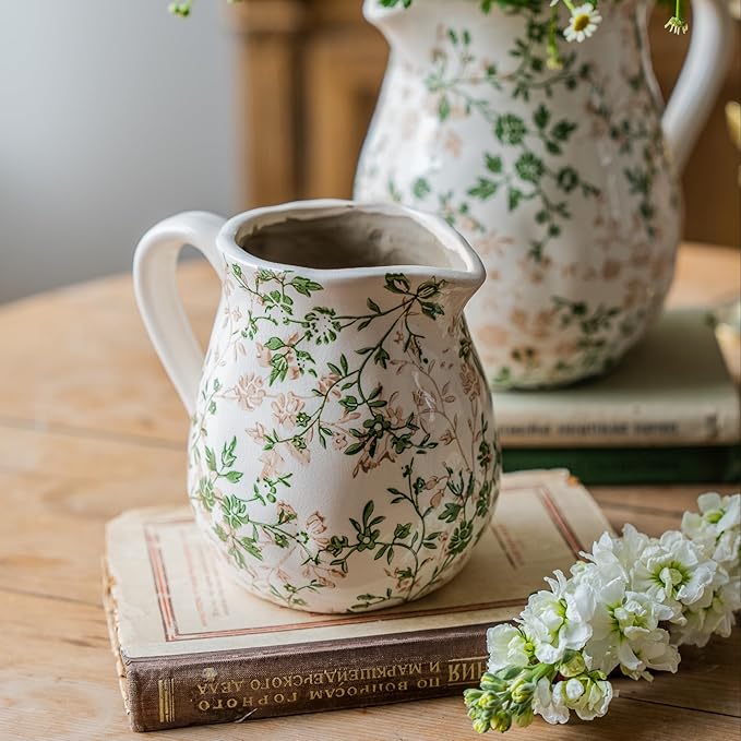 Vintage White and Green Floral Ceramic Vase with Handle, Retro Ice Glazed Crack Farmhouse Pitcher Vase for Home Decor, Living Room, Shelf, Office, Rustic Table Centerpiece 6 Inch