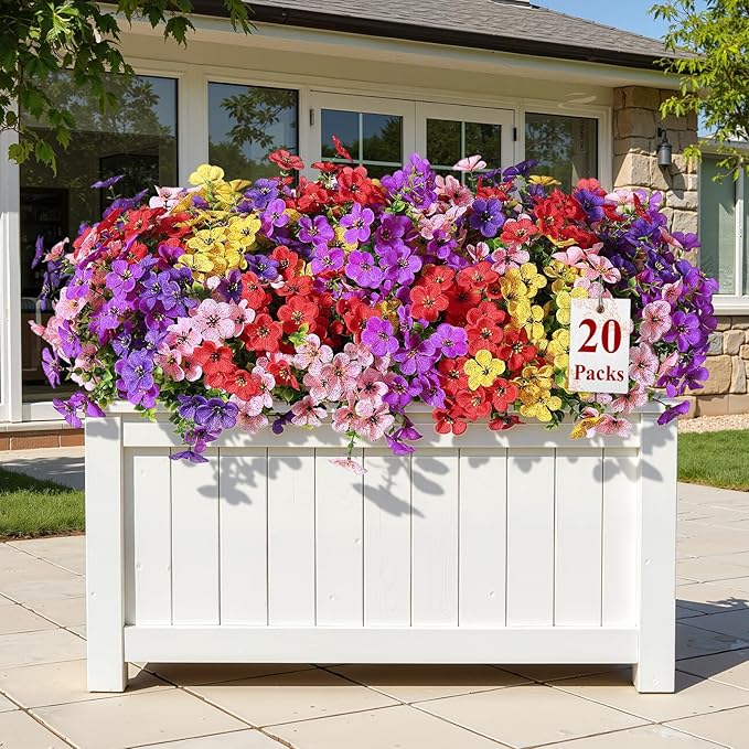 Alupssuc 20 Bundles Artificial Flowers for Outdoor Indoor Decoration, UV Resistant No Fade Fake Plants Eucalyptus, Colorful Faux Spring Flowers for Outside Yard Porch Patio Garden Home Window Box
