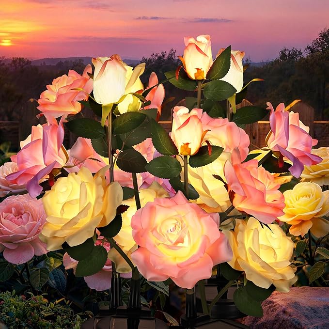GIGALUMI Solar Lights Outdoor for Garden Decor, 6 Pack Solar Flower Lights Waterproof, 2 Lighting Modes 18 Roses for Pathway,Yard, Patio Decoration, Gardening Gifts for Women (Multi-Colored)