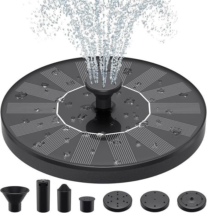 Priksia Solar Water Fountains,Solar Powered Bird Bath Fountain with 6 Nozzles - Free Standing Floating Solar Fountains for Bird Bath, Garden, Pond, Pool (Black-1.4W)