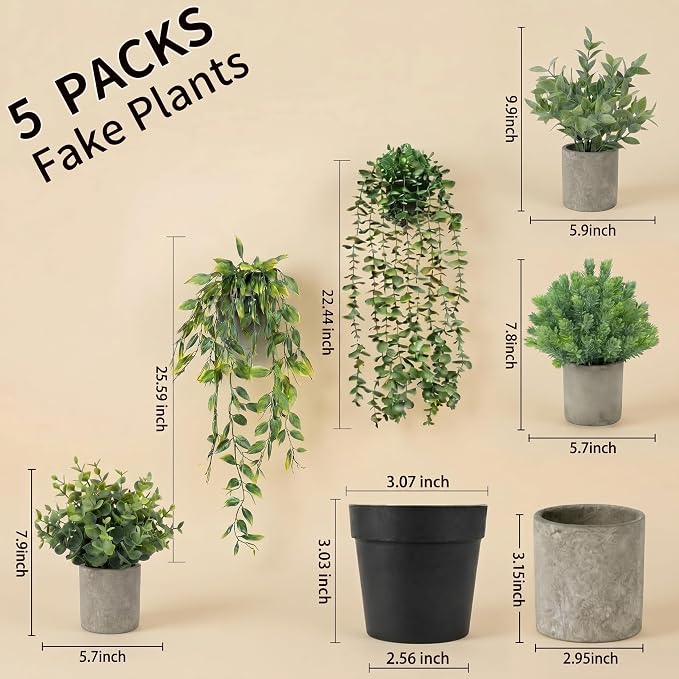 Artificial Hanging Plants 5 Pack – Small Fake Potted Ivy Plants for Indoor or Outdoor Décor, Wall Shelf Home Office Room Decoration, Realistic Faux Plants with Planters