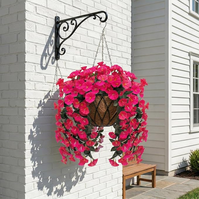 Artificial Flowers for Outdoors Fake Hot Pink Morning Glory Hanging Flower Decoration, 2Pcs Realistic Faux Plants Petunias Long Trailing Vines,Spring Decor for Porch Patio Balcony Planter Yard