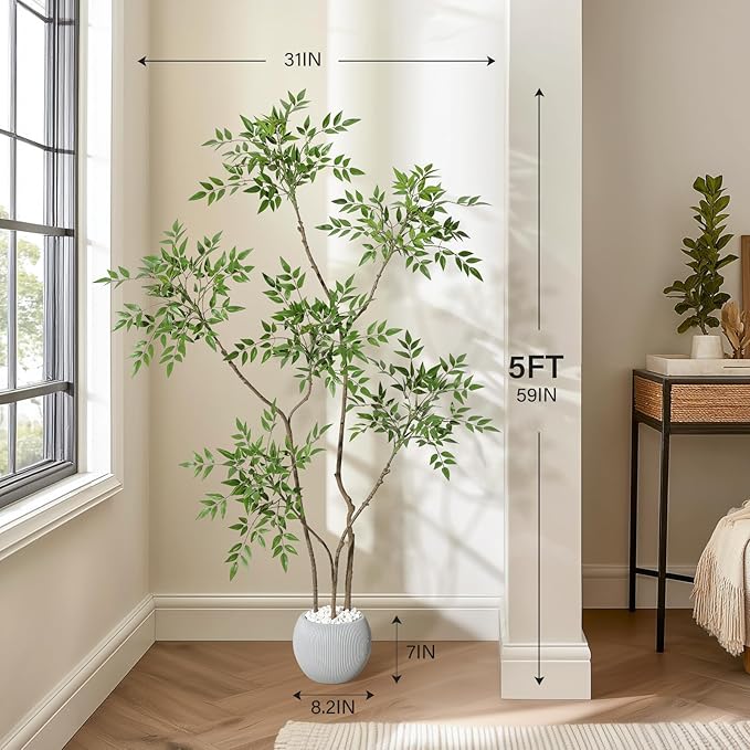 GarveeHome Artificial Plants Indoor, 5 ft Tall Faux Floor Plant in Pot, Nandina Artificial Tree with Grey Planter for Home Decor Office Living Room