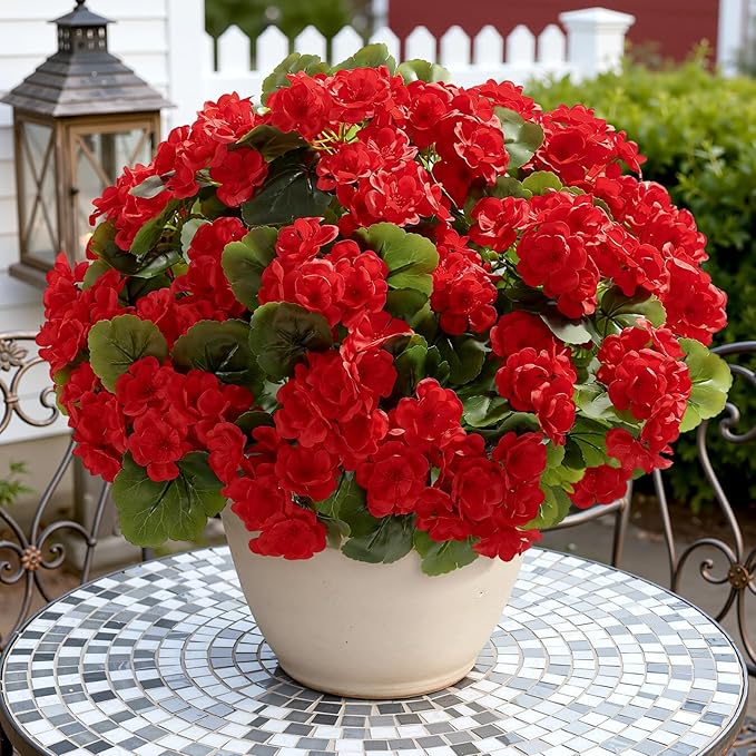 Alupssuc 8Pcs Artificial Geranium Flowers for Outdoors Decoration Silk Floral, UV Resistant Fake Plants, Faux Flower for Porch Garden Table Centerpieces Home Indoor Outside Spring Decor(8, Red)