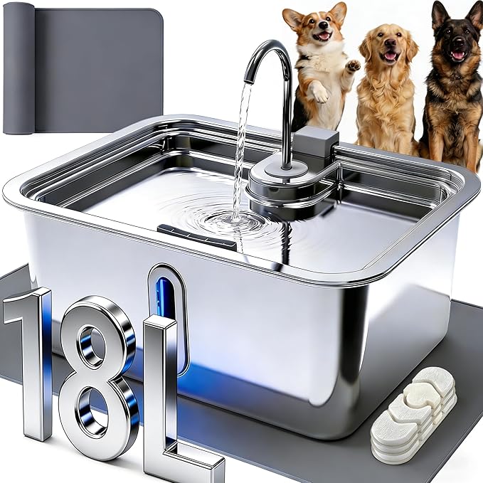 18L/4.76Gal Extra Large Dog Water Fountain with Silicone Mat & 3 Filters, Quiet Pet Water Fountain for Giant Breeds, Stainless Steel Dog Water Bowl Dispenser with Visible Window & Alert Light