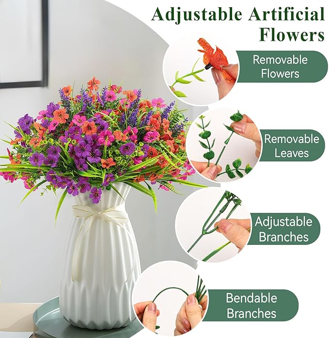 Alupssuc 48 Bundles Artificial Flowers for Outdoors Spring Summer Decoration, UV Resistant Eucalyptus Violet and Lavender Silk Fake Plants for Outside Indoor Yard Home Patio Decor, Orange Rose Purple