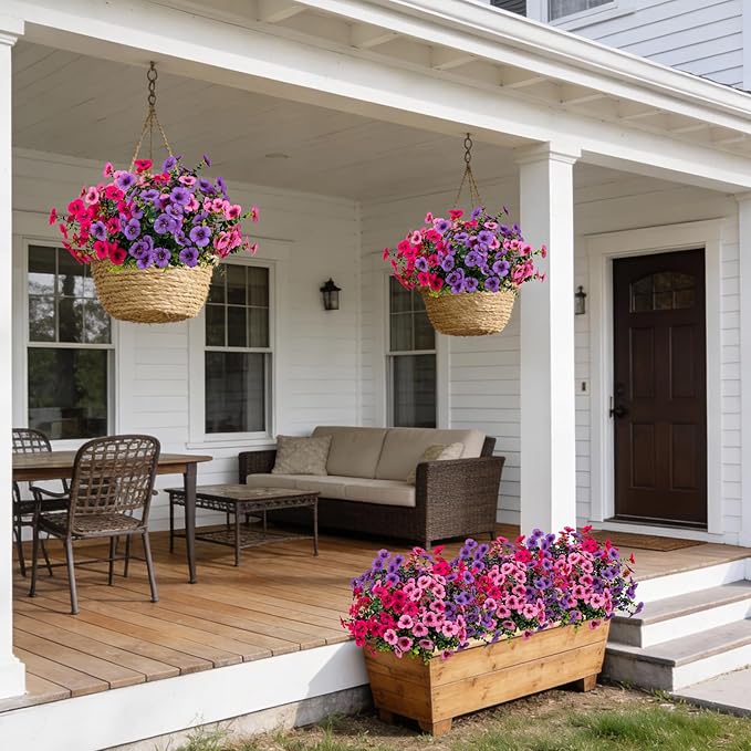 17 Inch Artificial Faux Pansy Flowers for Outdoor,Fake Pansies Flowers with Eucalyptus Leaves Fake Plants Greenery Boxwood Porch Patio Decor 6 Bundles(Light Purple,Pink,Dark Rose)