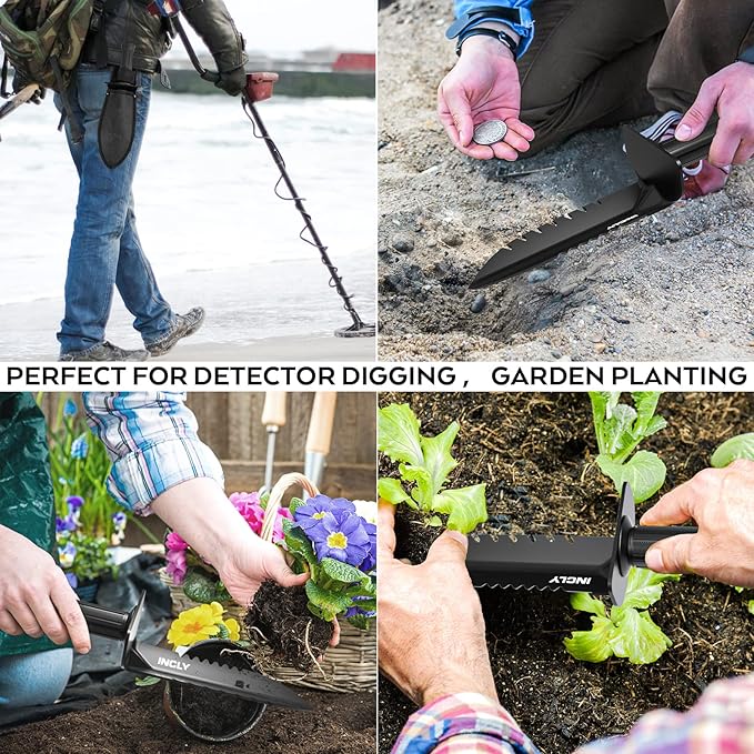 INCLY Metal Detector Shovel, Heavy Duty Double Serrated Edge Digger, Detecting Digging Tool with Sheath for Belt Mount, Gardening & Detecting Accessories for Metal Detection Digging Weeding Planting