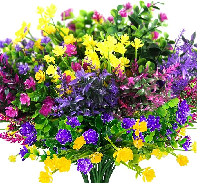 12 Bundles Artificial Fake Flowers Outdoor, 6 Styles UV Resistant No Fade Faux Plastic Greenery Shrubs Plants for Hanging Garden Porch Window Box Farmhouse Outside Decoration